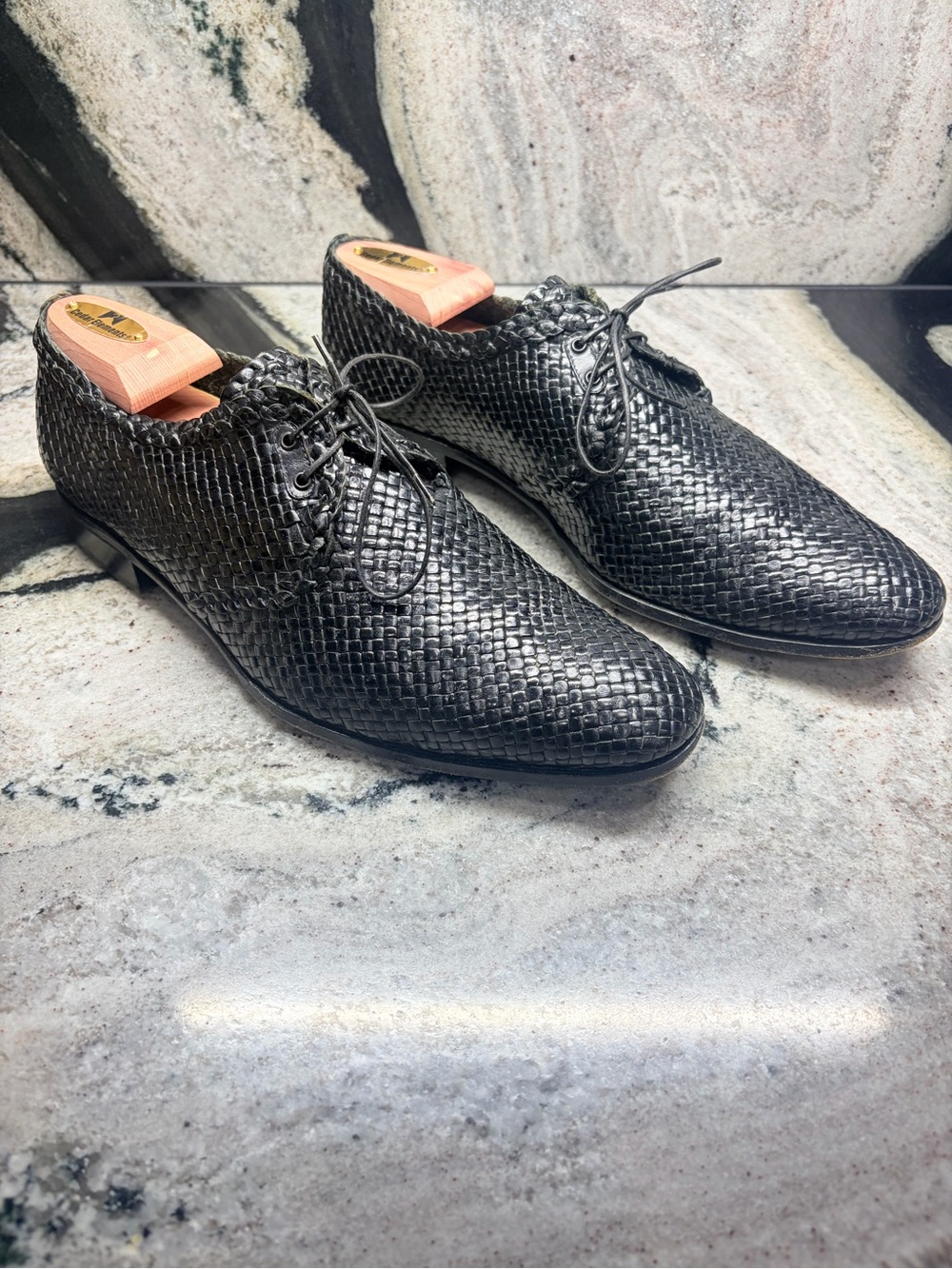 a.testoni Black Woven Leather Derby Dress Shoes Men’s UK 8 US 9 Italy